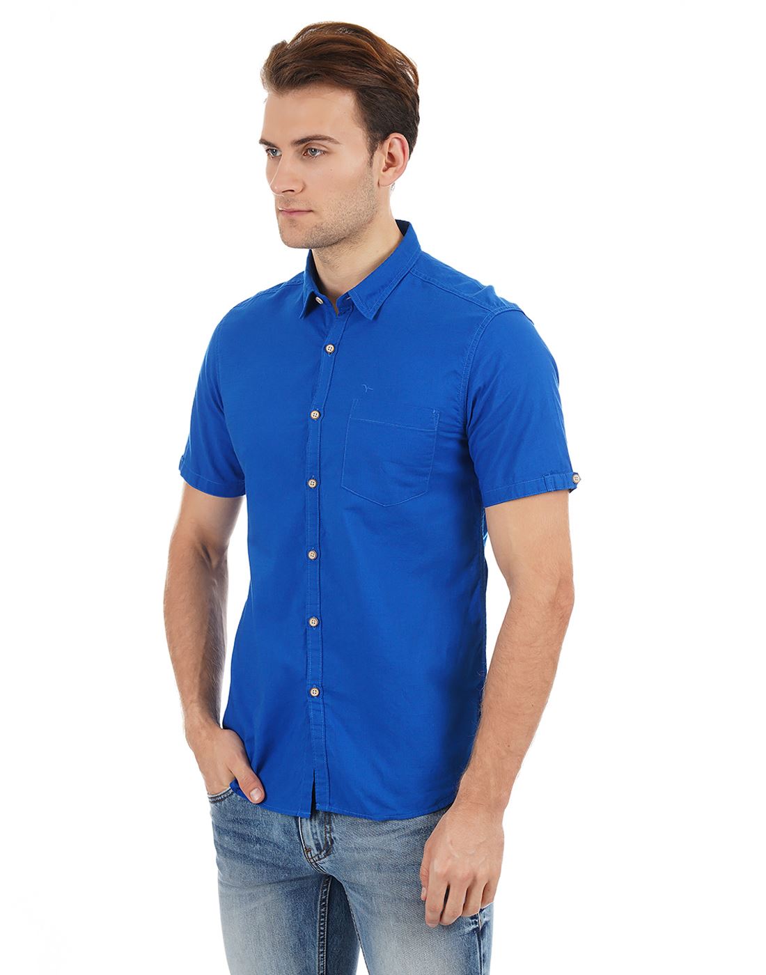 Flying Machine Men Casual Wear Solid Royal Blue Shirt